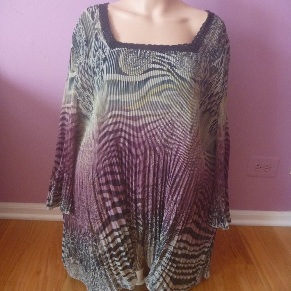 Maggie Barnes 5X Semi Sheer Crinkle Purple Black Top Tunic Bell Paisley Light